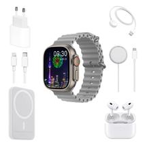 Kit Relogio Smartwatch X8 /45MM / com Fone de Ouvido + Carregador de Parede USB-C com Cabo USB-C para Lightning + Carregador Portatil + Carregador Magsafe - Cinza