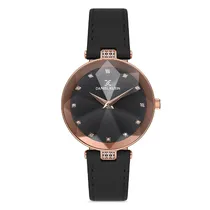 Relógio Analógico Feminino Daniel Klein DK.1.12728-5 Premium Ladies / Pulseira de Couro Genuino - Preto/Rose Gold