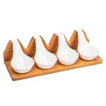 Jogo de Bandeja para Petiscos Em Porcelana com Base de Bambu e 4 Divisorias