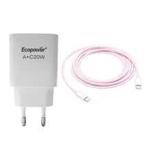 Carregador Ecopower EP-7090 USB-A/USB-C 20W com Cabo Rosa
