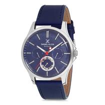 Relogio Analogico Masculino Daniel Klein DK12118-3 Exclusive Gents / Pulseria de Couro Genuino - Azul/Prata