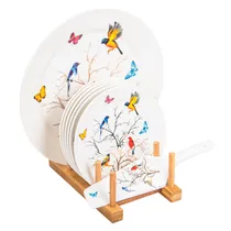 Base para Bolo e Pratinhos de Porcelana com Suporte de Madeira