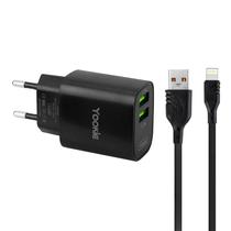 Carregador de Parede Yookie KI96Y 3.1A / 2X USB-A + Cabo USB-A/Lightning / Bivolt - Preto