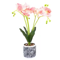 Orquídea Artificial Rosa com Listras Vermelhas Em Vaso – Flor Decorativa Elegante