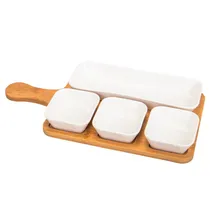 Jogo de Bandeja para Petiscos Em Porcelana com Base de Bambu e 4 Divisorias