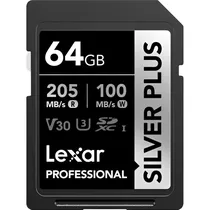Cartão de Memória SD Lexar Professional Silver Plus 205-100 MB/s C10 U3 V30 64 GB - (LSDSIPL064G-BNNNG)