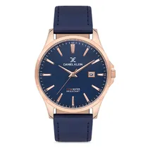 Relogio Analógico Masculino Daniel Klein DK.1.12756-5 Premium Gents / Pulseira de Couro Genuino - Azul Marinho/Rose Gold