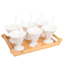 Jogo de Compoteiras de Porcelana com Colher e Base de Madeira 6 Peças - Branco