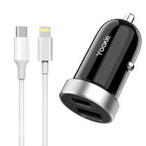 Carregador Veicular Yookie PC10 - USB/Tipo C - com Cabo Tipo c/Lightning - Preto