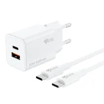 Carregador de Parede 4LIFE 20W Ganfast Charger Set (FL8220ACGW) USB-C / USB-A / 5V / 3A / com Cabo USB-C / USB-C Incluído / 100-240V ~ 50/ 60HZ - Branco