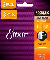 Cordas para Violão Acústica Elixir 80/20 Bronze 11-52 Custom Light 16538 (3 Pack)