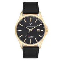 Relogio Analógico Masculino Daniel Klein DK.1.12756-6 Premium Gents / Pulseira de Couro Genuino - Preto/Dourado