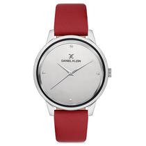 Relogio Analogico Feminino Daniel Klein DK.1.12685-4 Premium Ladies / Pulseira de Couro Genuino - Prata/Vermelho