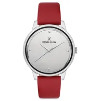 Relógio Analógico Feminino Daniel Klein DK.1.12685-4 Premium Ladies / Pulseira de Couro Genuino - Prata/Vermelho