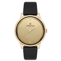 Relogio Analogico Feminino Daniel Klein DK.1.12685-3 Premium Ladies / Pulseira de Couro Genuino - Preto/Dourado