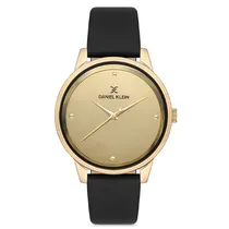 Relógio Analógico Feminino Daniel Klein DK.1.12685-3 Premium Ladies / Pulseira de Couro Genuino - Preto/Dourado