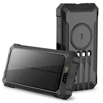 Carregador Portátil Powerbank Ur Solar UP-08 / 2.1A / 5W / 2000MAH / com 4 Cabos Embutidos ( Micro-USB / USB-C / Lightning ) + Wireless Charging - Preto