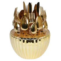 Jogo de Talheres Dourado com Suporte Oval – 24 Peças