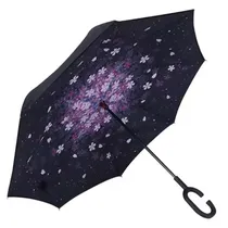 Guarda-Chuva Invertido Dupla Camada Flores Cabo C Preto/Lilás