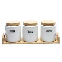 Potes de Cerâmica com Tampa e Base de Bambu com 3 PCS