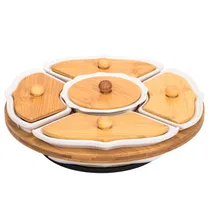 Jogo de Bandeja para Petiscos Em Porcelana com Base de Bambu e 5 Divisorias