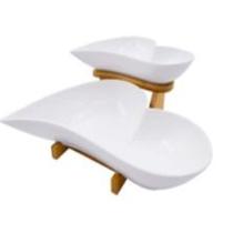 Set de Petisquero de Ceramica Blanco c/Base de Bambu 3PZS