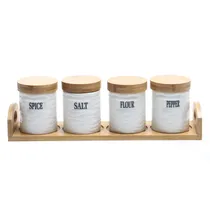 Potes de Cerâmica com Tampa e Base de Bambu 4 PCS