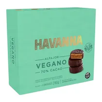 Alfajor Havanna Vegano Recheio Doce de AMêndoas Cobertura Chocolate Cacau 70% Caixa c/ 4X70G