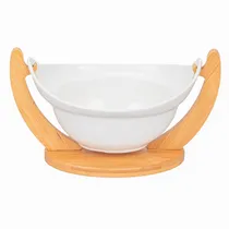 Saladeira Em Porcelana com Base de Madeira