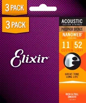 Cordas para Violão Acústica Elixir Phosphor Bronze 11-52 Custom Light 16544 (3 Pack)