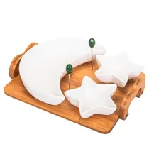 Jogo de Bandeja para Petiscos Em Porcelana com Base de Bambu e 3 Divisorias