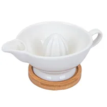 Esprimidor de Limão Em Porcelana com Base de Madeira