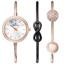 Relogio Analogico Daniel Klein Gift Sets DK11931-6 Feminino com Duas Pulseiras de Aco Inoxidavel - Rosa Ouro e Preto