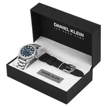 Relogio Analógico Masculino Daniel Klein DK.1.13980-2 Day Night / 2 Pulseiras (Aço Inoxidável / Silicone) - Prata/ Preto/ Azul