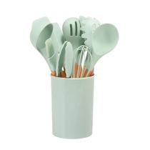 Kit de Utensilios para Cozinha de Silicone com Cabo de Madeira / 12 Pecas com Balde - Verde Claro