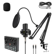 Kit Microfone Condensador Profesional Live Sound + Suporte Articulado + Pop Filter + Mini Mesa Mixer de Sonido - Preto