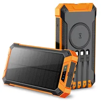 Carregador Portátil Powerbank Ur Solar UP-08 / 2.1A / 5W / 2000MAH / com 4 Cabos Embutidos ( Micro-USB / USB-C / Lightning ) + Wireless Charging - Laranja