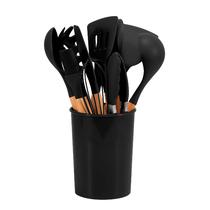 Kit de Utensilios para Cozinha de Silicone com Cabo de Madeira / 12 Pecas com Balde - Preto