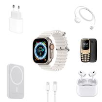 Kit Relogio Smartwatch X8 Plus com Fone de Ouvido + Mini Celular Super Small + Carregador de Parde USB-C com Cabo USB-C para Lightning + Carregador Portatil Magsafe - Branco