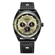 Relogio Analogico Megir Chronograph ML2072G-BK-3N1 Masculino, Couro - Preto e Dourado