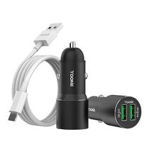 Carregador de Celular para Carro Yookie PC4 2 Saidas USB-A com Cabo USB-C/Branco - Preto