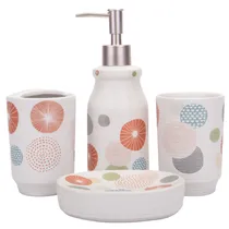Jogo de Banheiro de Porcelana Branca com Círculos Coloridos 4PCS