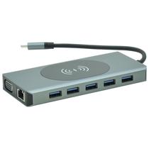 Hub USB-C 3.1 14 Portas / 2 HDMI / 5 USB 3.0 / USB-C Femea / Glan / VGA / SD / TF / 3.5MM / Carregador Wireless 15W - Cinza