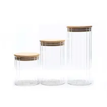Pote de Vidro 500ML 750ML 1000ML 3PZS Canelado com Tampa de Bambu para Mantimento