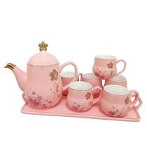 Juego de Taza c/Tetera Y Bandeja Ceramica Rosa 8PZS