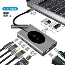 Adaptador USB-C 14X1 (VGA/ RJ45/ USB3.0/ HDMI/ AUDIO3.5MM/ Microsd/ USB-C/ 15W Wireless Charger)