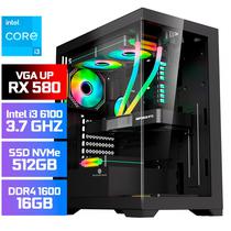 PC Gamer Montado Up Gamer RX, Intel Core i3 6100 3.7GHZ, RX580 8GB, 16GB DDR4 2666MHZ, SSD Nvme 512GB, Placa Mae H110M, Fonte 400W 80 Plus Bronze, Water Cooler Argb 120MM, Gabinete Aquarius