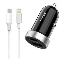 Carregador Veicular Yookie PC10 Dual Port USB-C PD + USB-A 3.0 com Cabo USB-C para Lightning-Preto