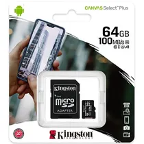 Cartão de Memória Micro SD de 64GB Kingston Canvas Select Plus SDCS2/64GB - Preto
