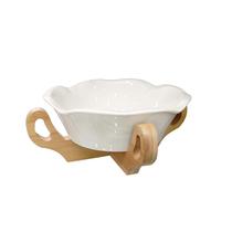 Ensaladera de Ceramica Blanco c/Base de Bambu 21CM